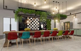 עיצוב קפטריה עם שולחן אבירים מעודדת שיתוף ומפגשים אקראיים